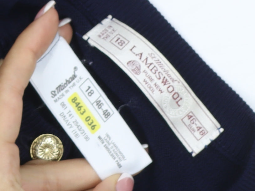St Michael Women Navy Lambswool Cardigan UK 18 Gold Button Round Neck