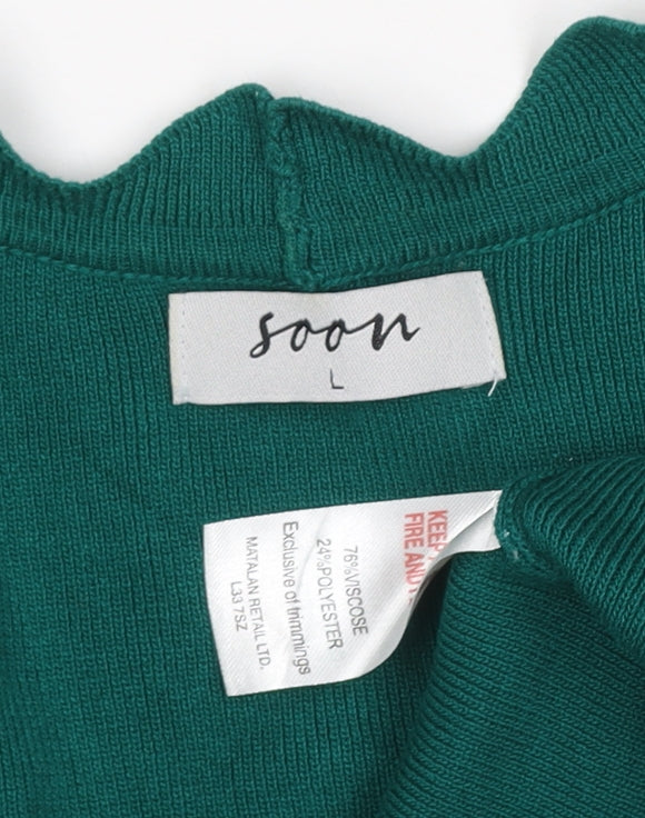 Soom Women Green L Open Scallop Edge Knit Cardigan Long Sleeve