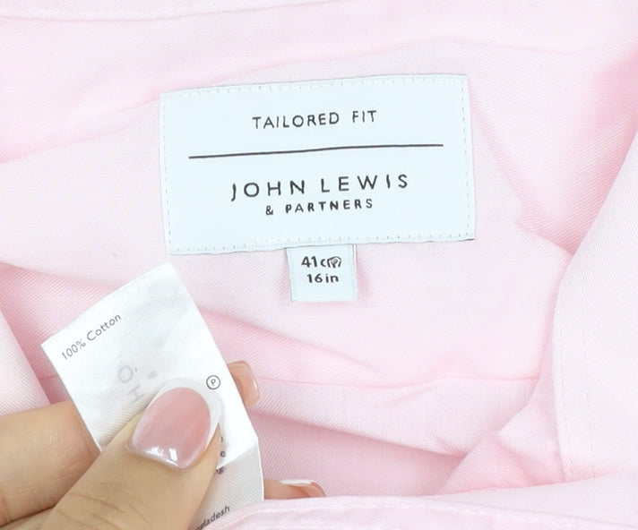 John Lewis Men Pink 16in Tailored Fit Cotton Long Sleeve Formal Shirt