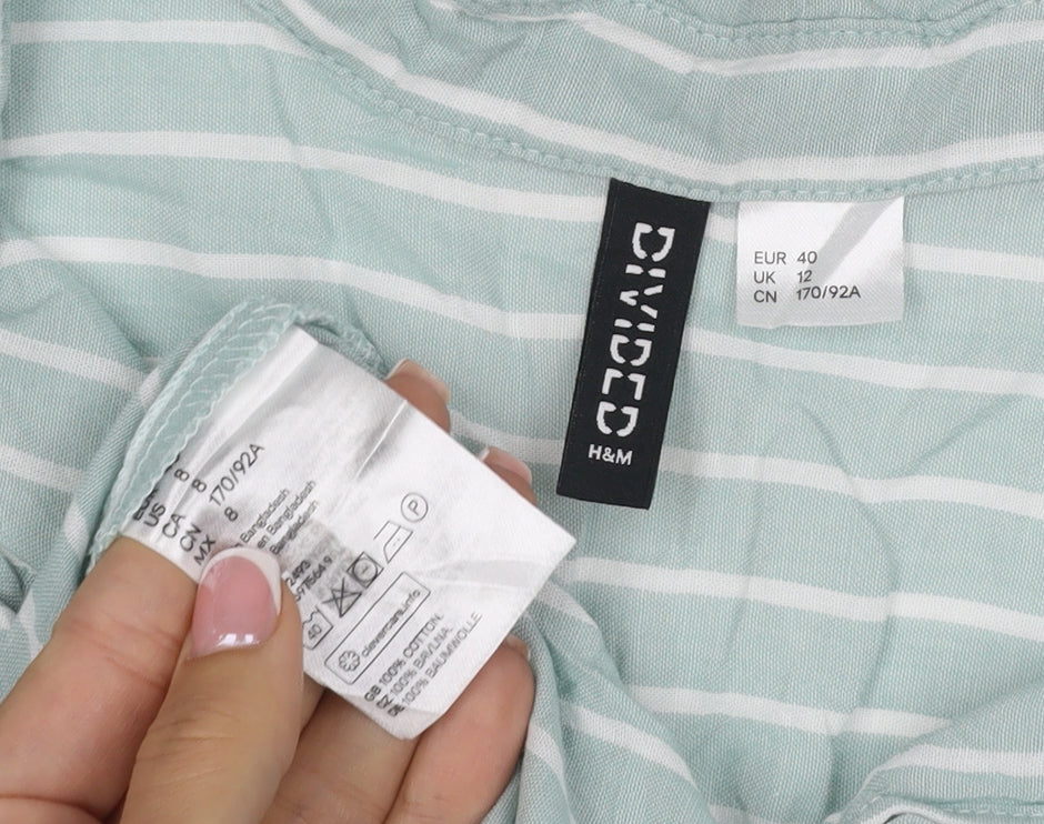 H&M Divided Women Mint Green Stripe Ruffle Basic Button-Up Shirt UK 12