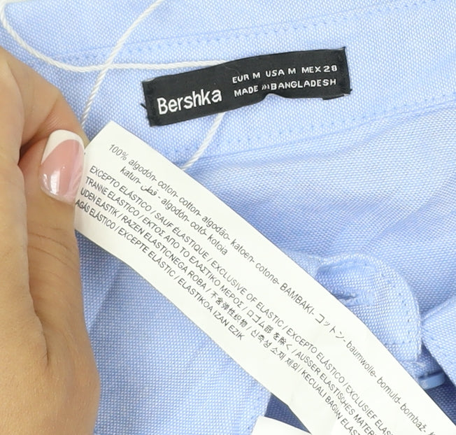Bershka Women Blue M Cropped Button-Up Long Sleeve Cotton Shirt