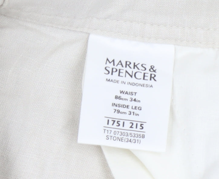 Marks and Spencer Men’s Beige Linen Blend Drawstring Trousers W34 L31