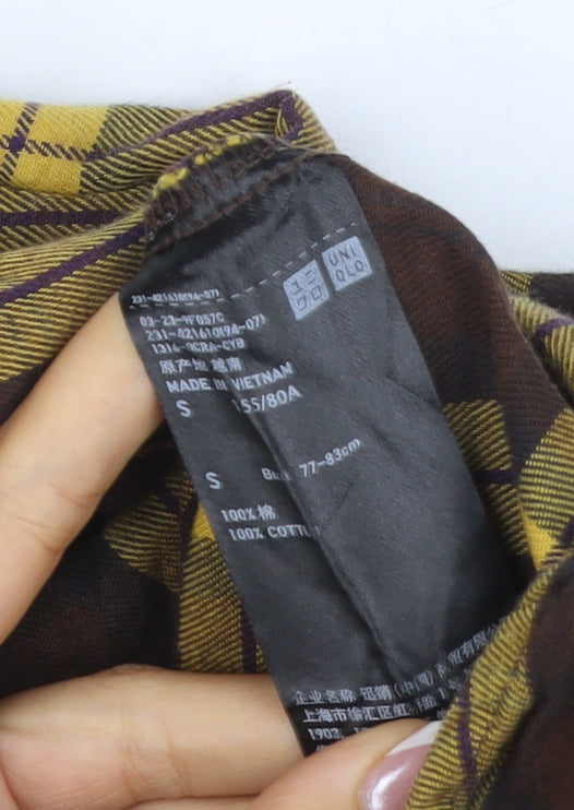 UNIQLO Women’s Brown Yellow Plaid Cotton Flannel Button-Up Shirt Size S