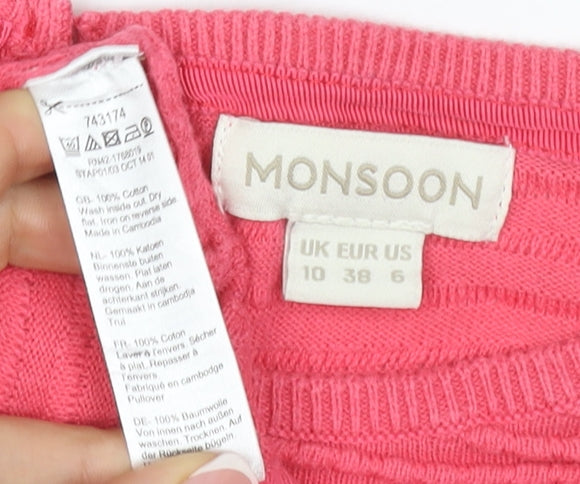 Monsoon Women Pink UK 10 Cotton Textured Knit Crew Neck Jumper