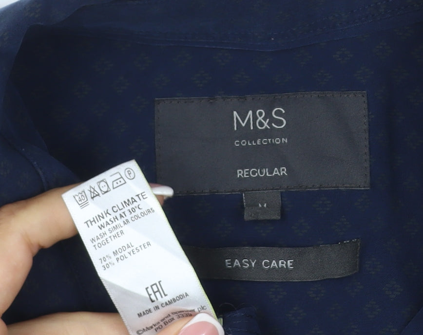 Marks and Spencer Men’s Blue M Regular Geometric Easy Care Shirt