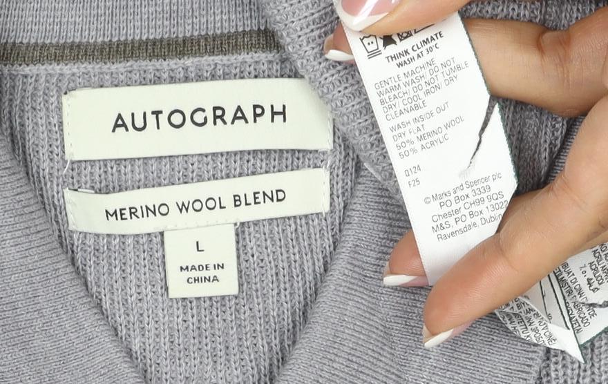 Autograph Men Grey L Merino Wool Blend Collared Henley Jumper