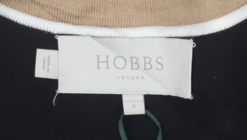 Hobbs Women Black S Long Open Knit Cardigan Collared Pocket Contrast Trim