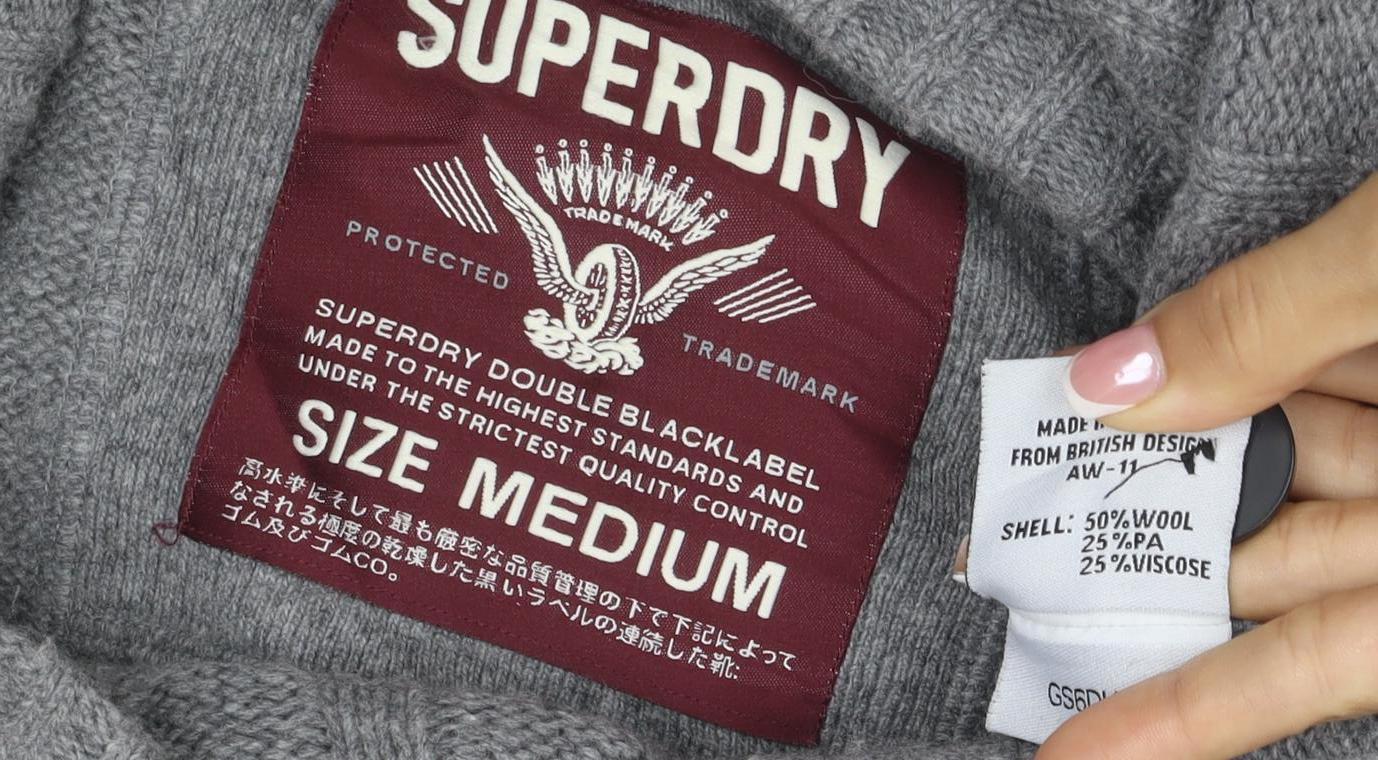 Superdry Men Grey M Cable Knit Wool Blend Button Cardigan