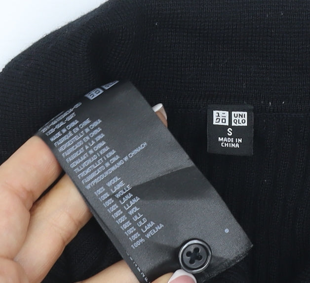 UNIQLO Women Black S 100% Wool Rib Knit Collared Button Cardigan