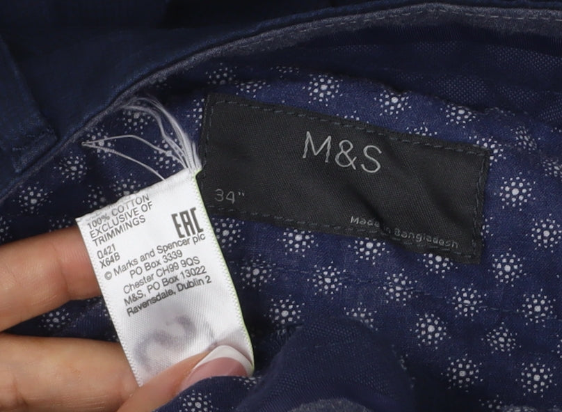 Marks and Spencer Men Blue 34in Cotton Chino Shorts Flat Front