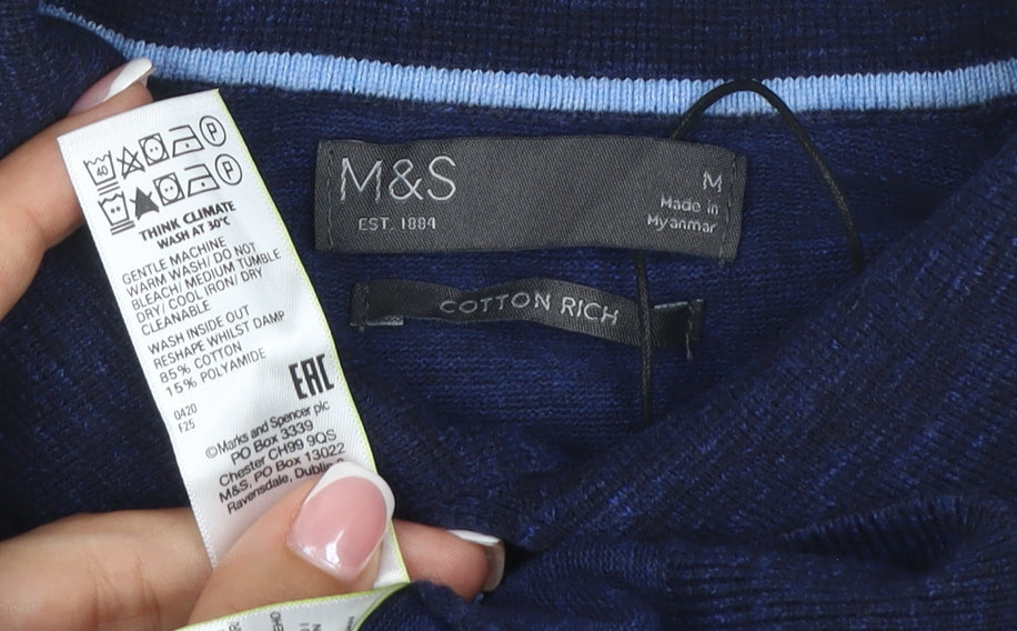 Marks and Spencer Men's Blue M Cotton Rich Short Sleeve Polo Shirt
