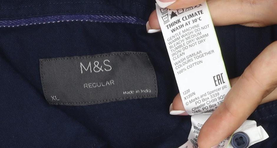 Marks and Spencer Men’s Navy Blue XL Regular Cotton Short Sleeve Shirt