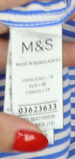 Marks & Spencer Women Blue White Stripe UK 18 Cotton Button-Up Shirt