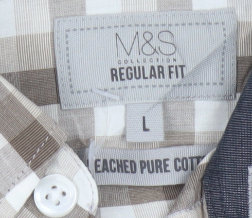 Marks and Spencer Men Beige Check Short Sleeve Button-Down Shirt L
