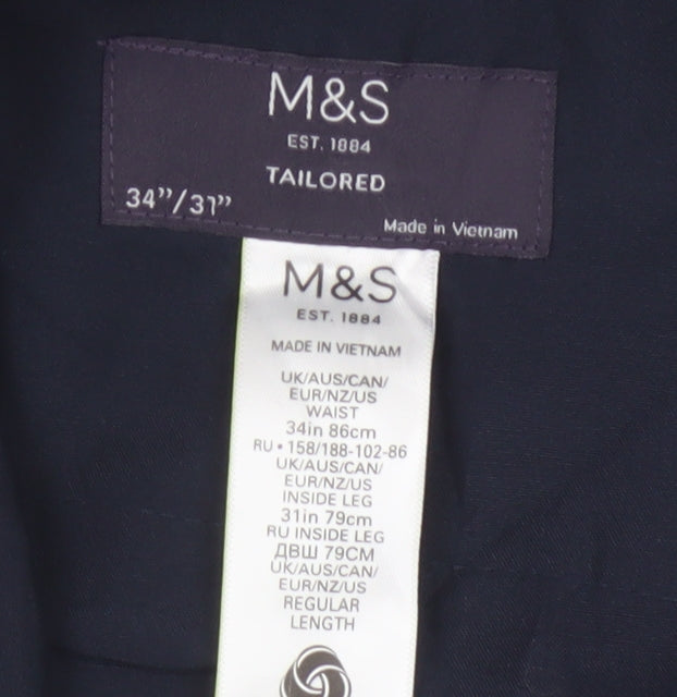 Marks & Spencer Men Blue 34 31 Tailored Wool Blend Dress Trousers