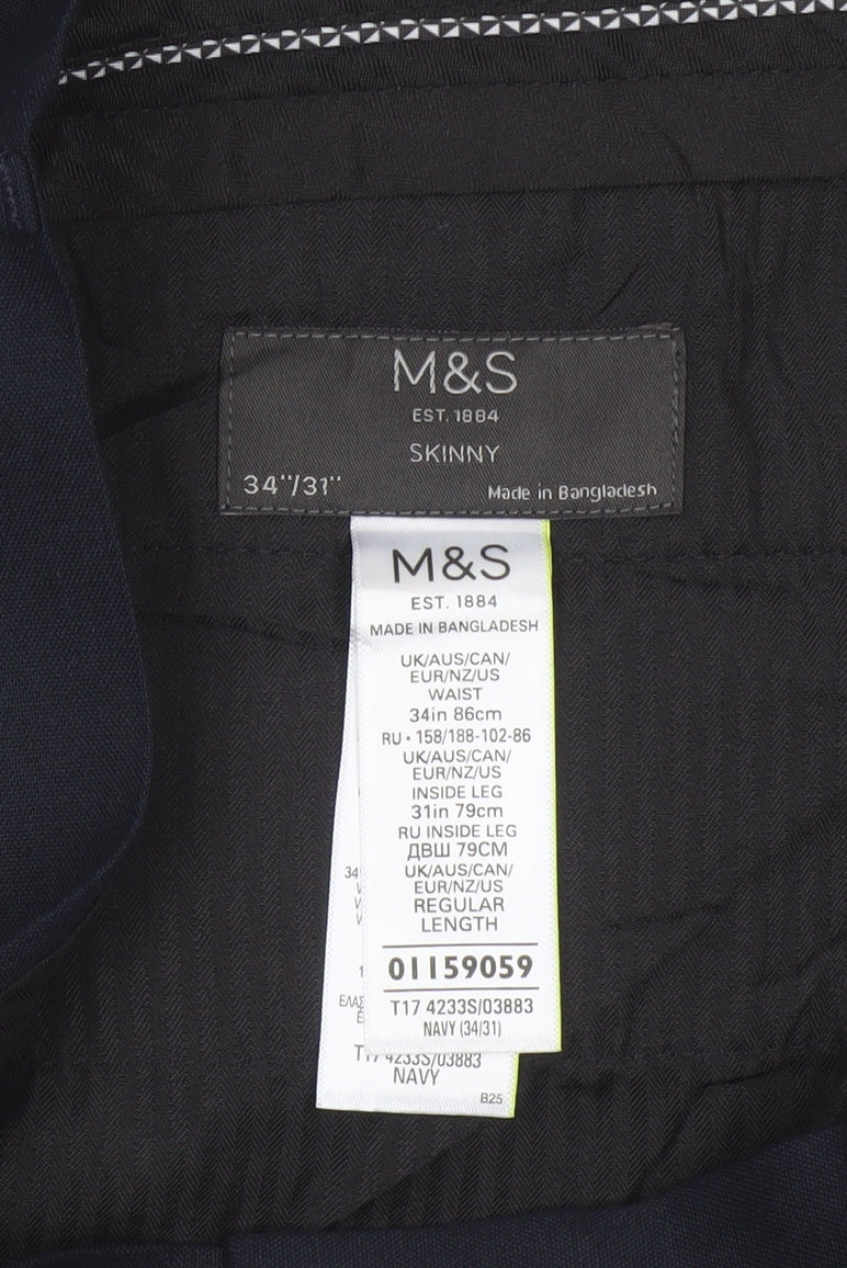 Marks & Spencer Men's Navy 34/31 Skinny Smart Dress Trousers Stretch