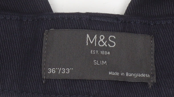 M&S Mens Navy Blue 36/33 Slim Straight Cotton Trousers