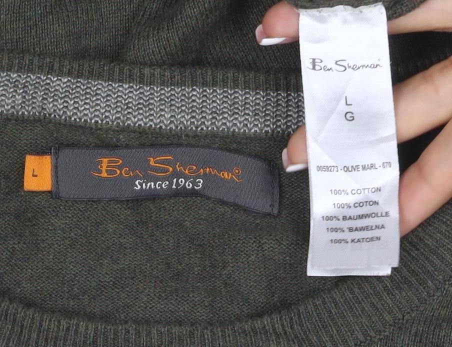 Ben Sherman Men’s Green L Cotton Crew Neck Logo Pullover Jumper