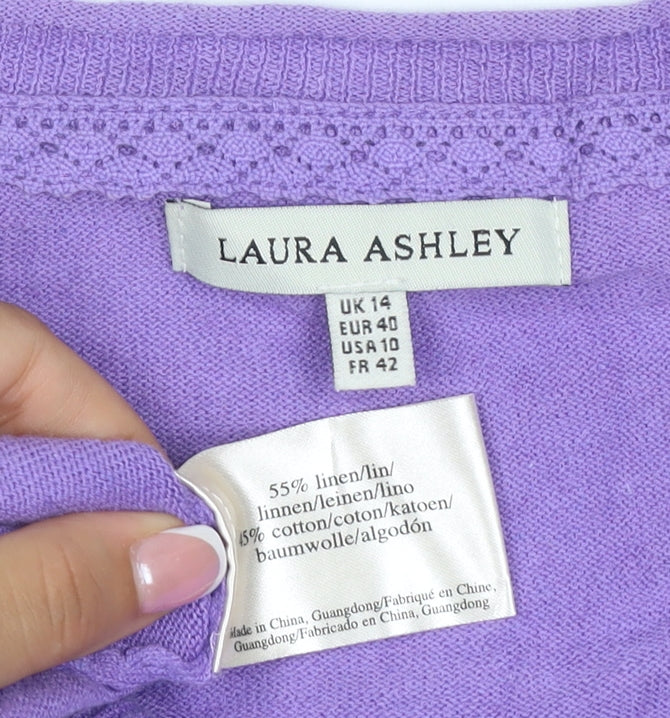 Laura Ashley Women Purple Linen Cotton V-Neck Cardigan UK 14