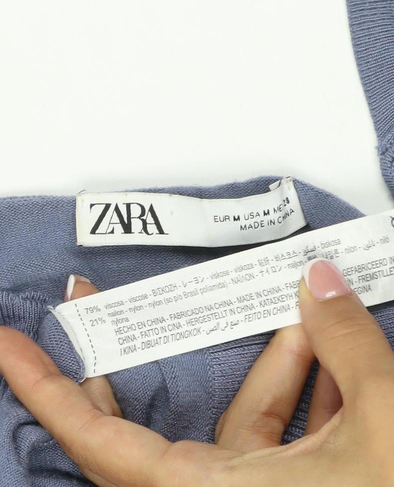 Zara Women’s Blue UK 10 Square Neck Puff Sleeve Ruffle Knit Jumper