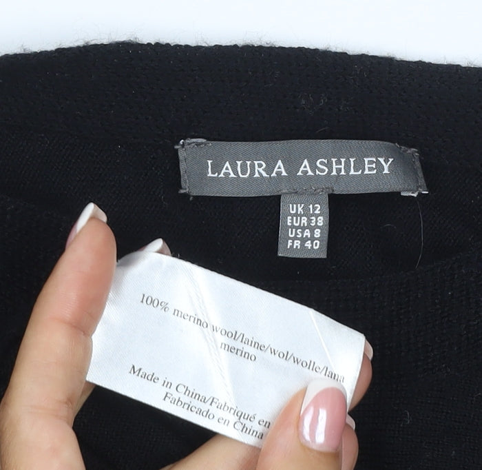 Laura Ashley Women Black UK 12 Merino Wool Crew Neck Jumper