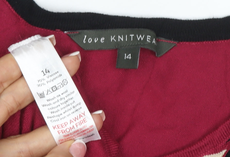 Love Knitwear Women’s Red Stripe Panel V-Neck Cardigan Size 14
