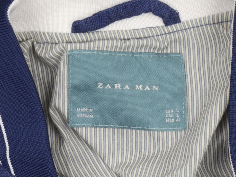 Zara Men Blue Linen Cotton Bomber Jacket Size L Full Zip
