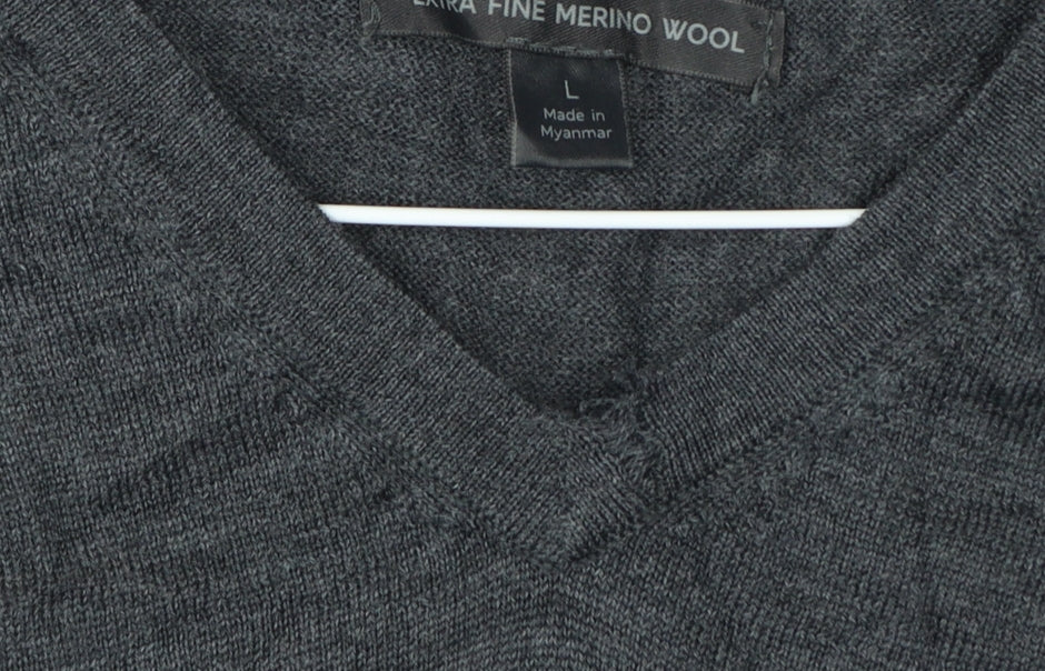 Marks and Spencer Men's Grey L Merino Wool V-Neck Pullover Jumper