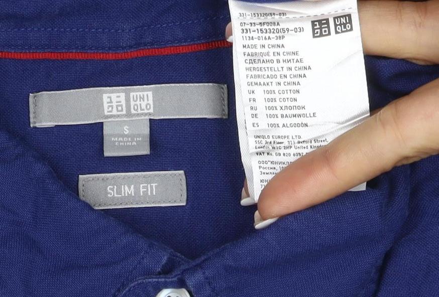 UNIQLO Men Blue S Slim Fit Cotton Button-Down Long Sleeve Shirt