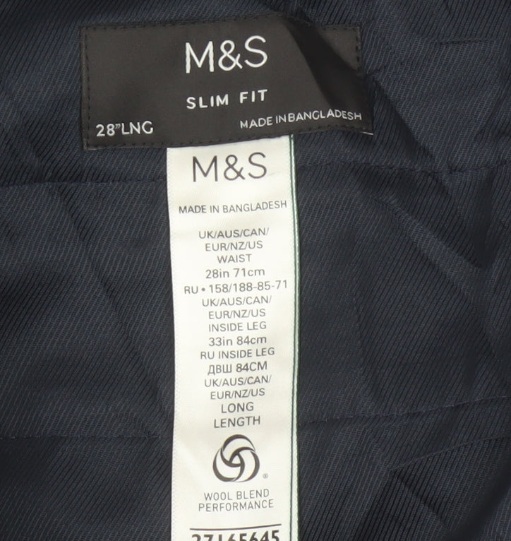 Marks and Spencer Men’s Blue 28 Slim Fit Wool Blend Dress Trousers