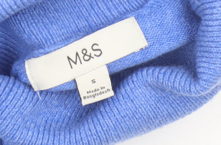 Marks and Spencer Women Blue S 100% Cashmere Roll Neck Jumper