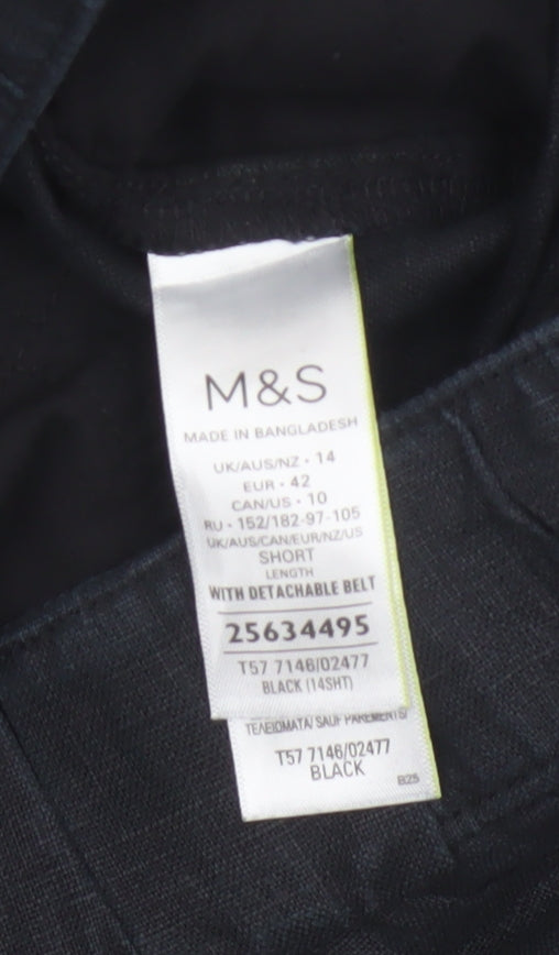 M&S Women Black Size 14 Short Linen High Rise Tapered Trousers