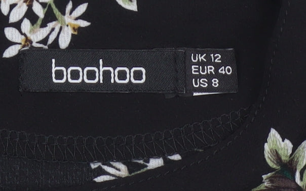 Boohoo Women Black Floral Shift Dress UK 12 Short Sleeve Knee Length
