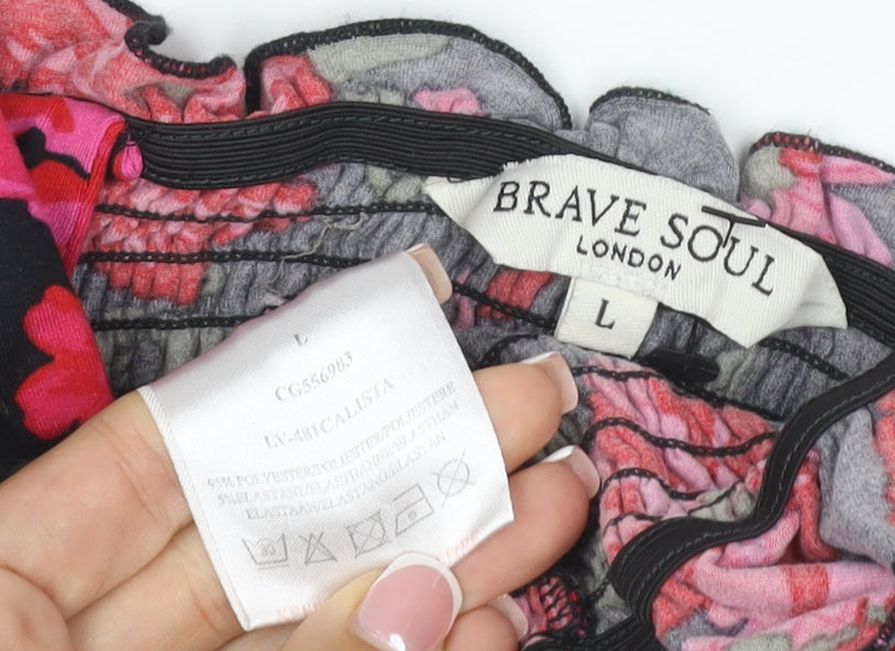 Brave Soul Women Black Floral Tie Strap Smocked Camisole Top Size L