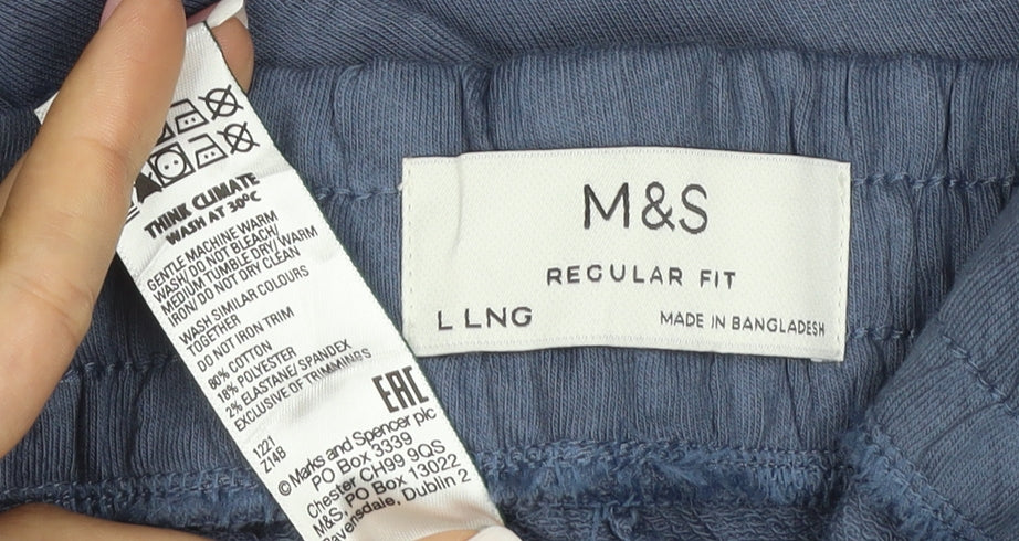 Marks & Spencer Men Blue L Long Regular Fit Cotton Jogger Trousers