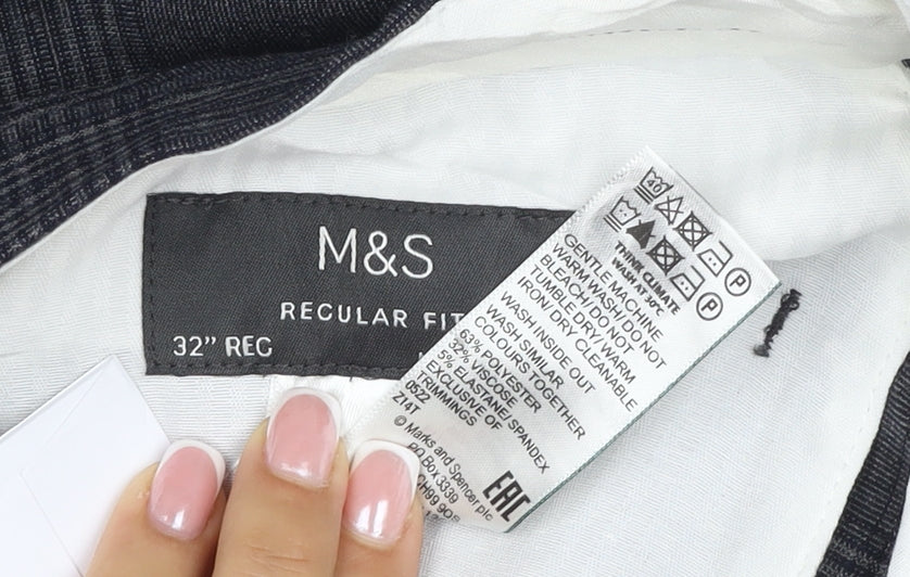 Marks & Spencer Men's Grey Check 32 Regular Dress Trousers