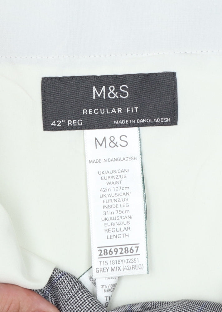 Marks and Spencer Men's Grey 42 Regular Fit Check Dress Trousers