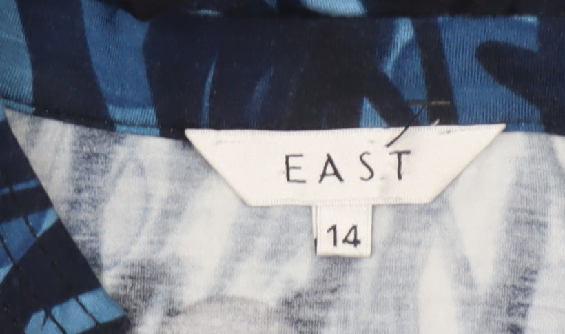 East Women Blue Print Size 14 Long Sleeve Fit & Flare Belted Dress