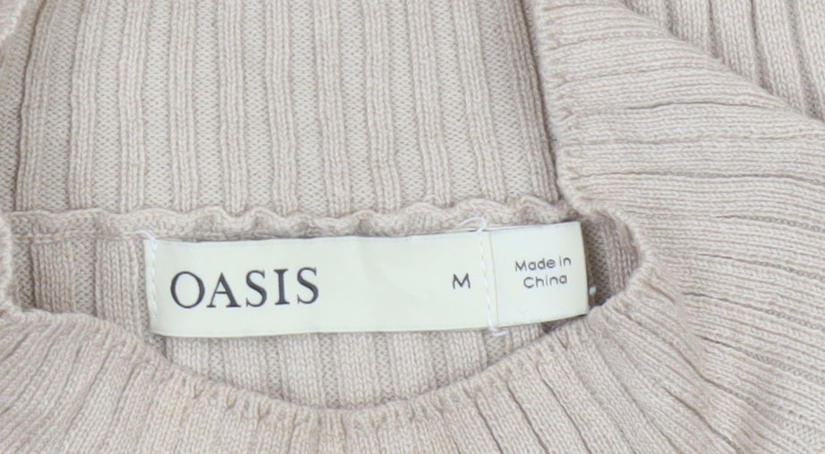 Oasis Women Beige M Ribbed Mock Neck Slim Knit Pullover Jumper