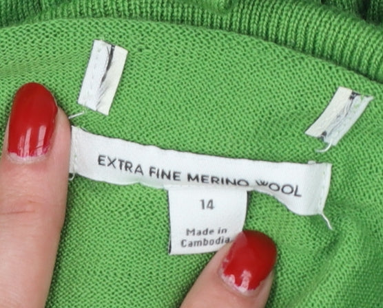 Marks and Spencer Women Green Size 14 Merino Wool Roll Neck Jumper