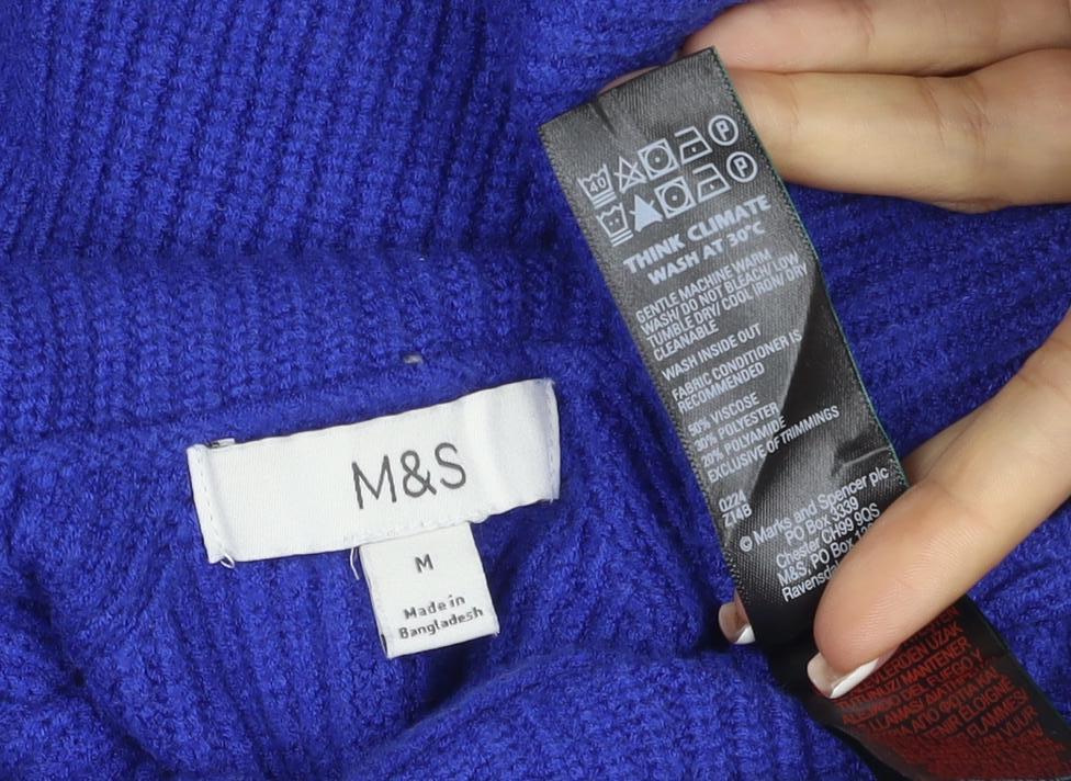 M&S Womens Blue M Roll Neck Cable Knit Raglan Jumper