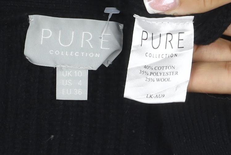 Pure Collection Women Black UK 10 Rib Knit V-Neck Wool Blend Cardigan