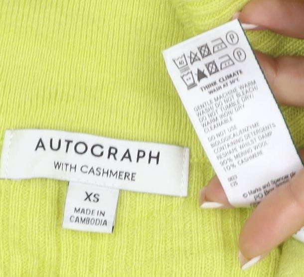 Autograph Women Yellow XS 100% Cashmere Ribbed Collared V-Neck Jumper