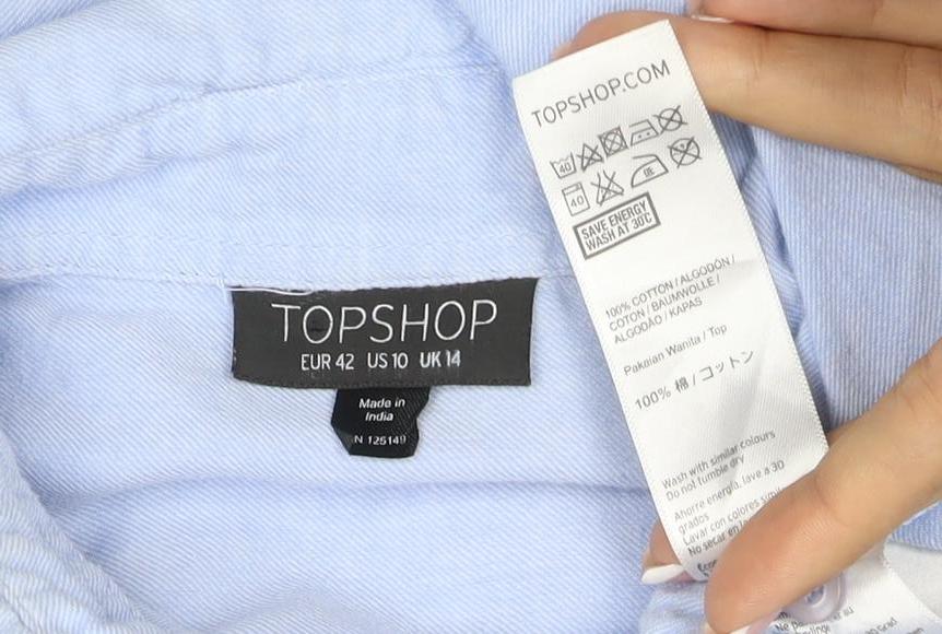 Topshop Women Blue UK 14 Cotton Collared Long Sleeve Button-Up Shirt