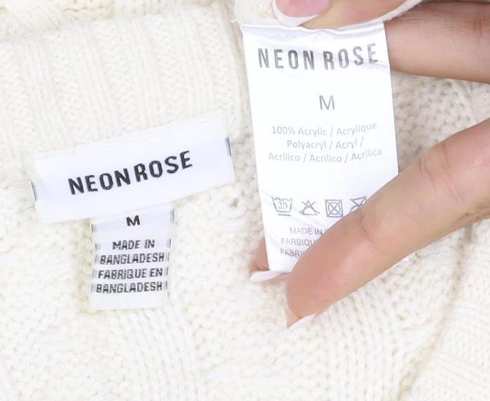 Neon Rose Women’s Ivory M Cable Knit Floral Embroidered Ruffle Jumper