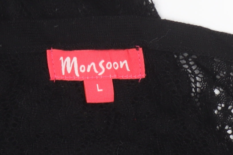 Monsoon Women Black L A-Line Knit Long V-Neck Button Dress