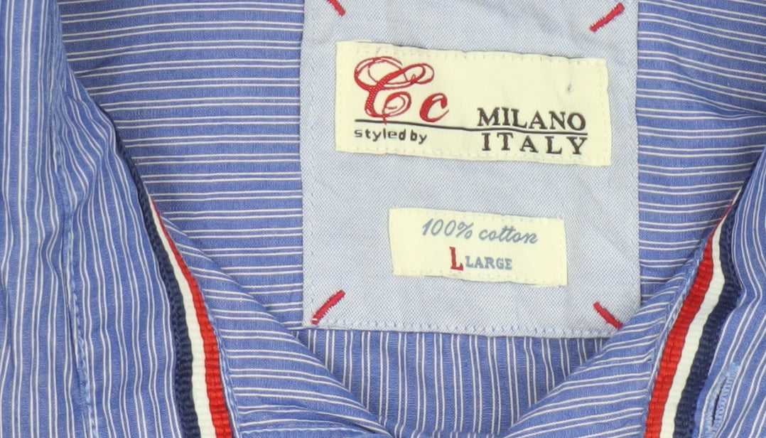 Cc Milano Italy Men’s Blue Striped Cotton Button-Up Shirt Size L