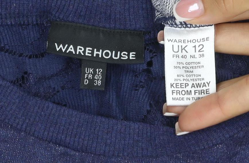 Warehouse Women Blue UK 12 Jersey Top Floral Lace Raglan Long Sleeve