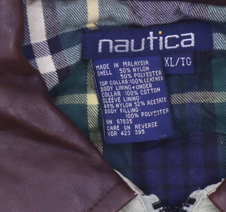 Nautica Men’s Beige XL Bomber Jacket Leather Collar Zip Pockets