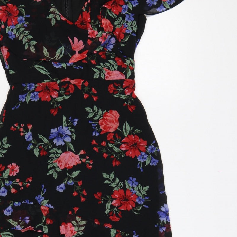 Lipsy Women Black Floral UK 10 Hi-Low Fit & Flare Chiffon Dress